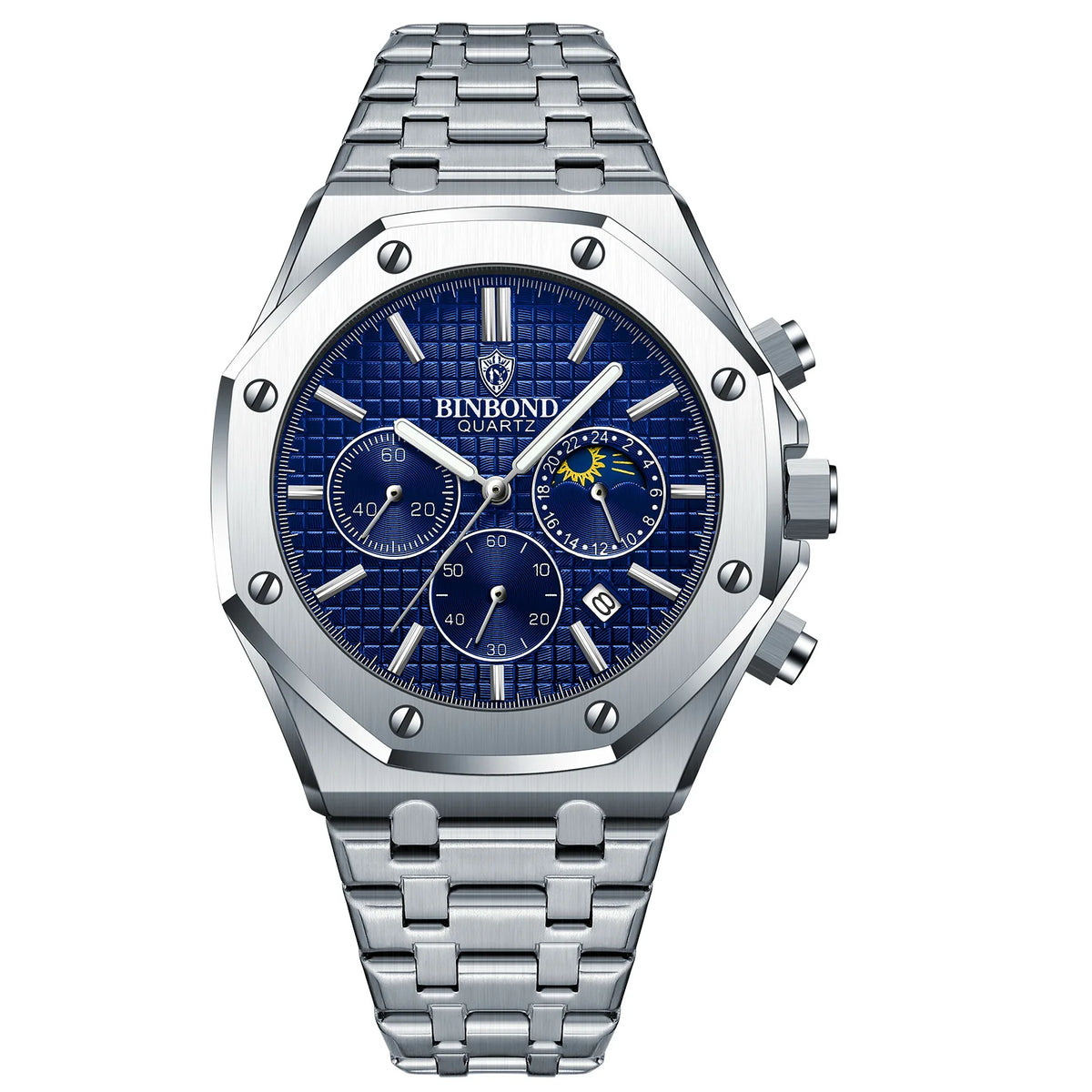Montre-bracelet à quartz BINBOND pour homme, chronographe de luxe luminescent, en acier inoxydable, étanche, avec date et calendrier