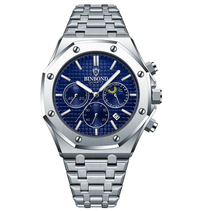 Montre-bracelet à quartz BINBOND pour homme, chronographe de luxe luminescent, en acier inoxydable, étanche, avec date et calendrier