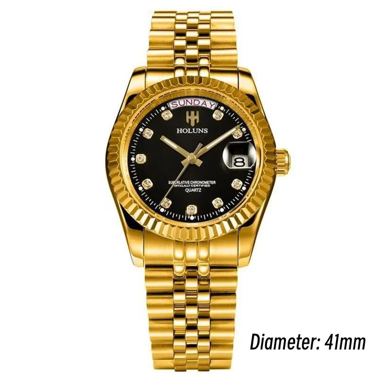Relojes de hombre Holuns Luxury Classic de 36/41 mm en oro, con movimiento de cuarzo MIYOTA de Japón, de acero inoxidable, reloj de pulsera clásico de negocios, resistente al agua