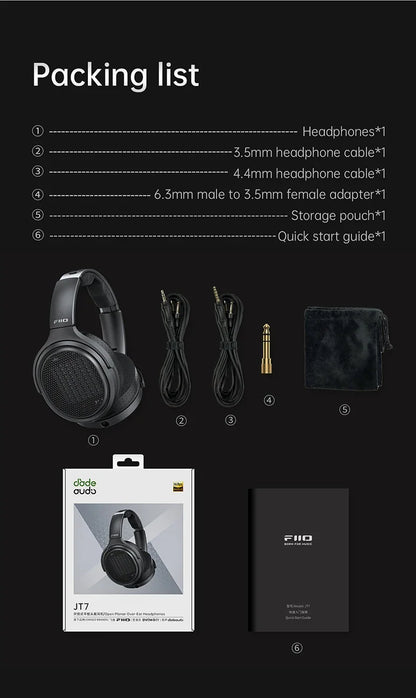 FiiO JT7 Over-Ear Planar Magnetic Audiophile Headphones 95x86mm Planar Driver Design Adjustable Headband 4.4mm/3.5mm Cable