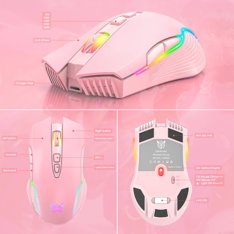 Lenovo CW905 Wireless Gaming Mouse Levels Adjustable 5 levels 3600 DPI Buttons RGB Lighting Modes Ergonomic Mice For PC Gamer