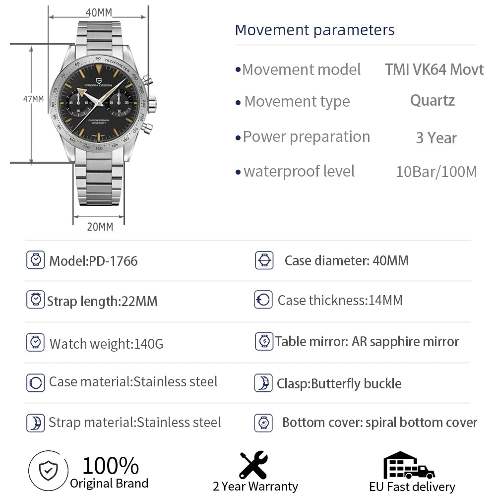 2026 New PAGANI DESIGN Retro Mens Watches Moon Quartz Watch For Men Speed Sports Chronograph AR Sapphire VK64 Clock Reloj Hombre