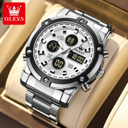 Orologio da uomo OLEVS – Orologio da polso al quarzo, impermeabile, in acciaio inossidabile, con display a LED – Stile sportivo e di tendenza (modello 1106)