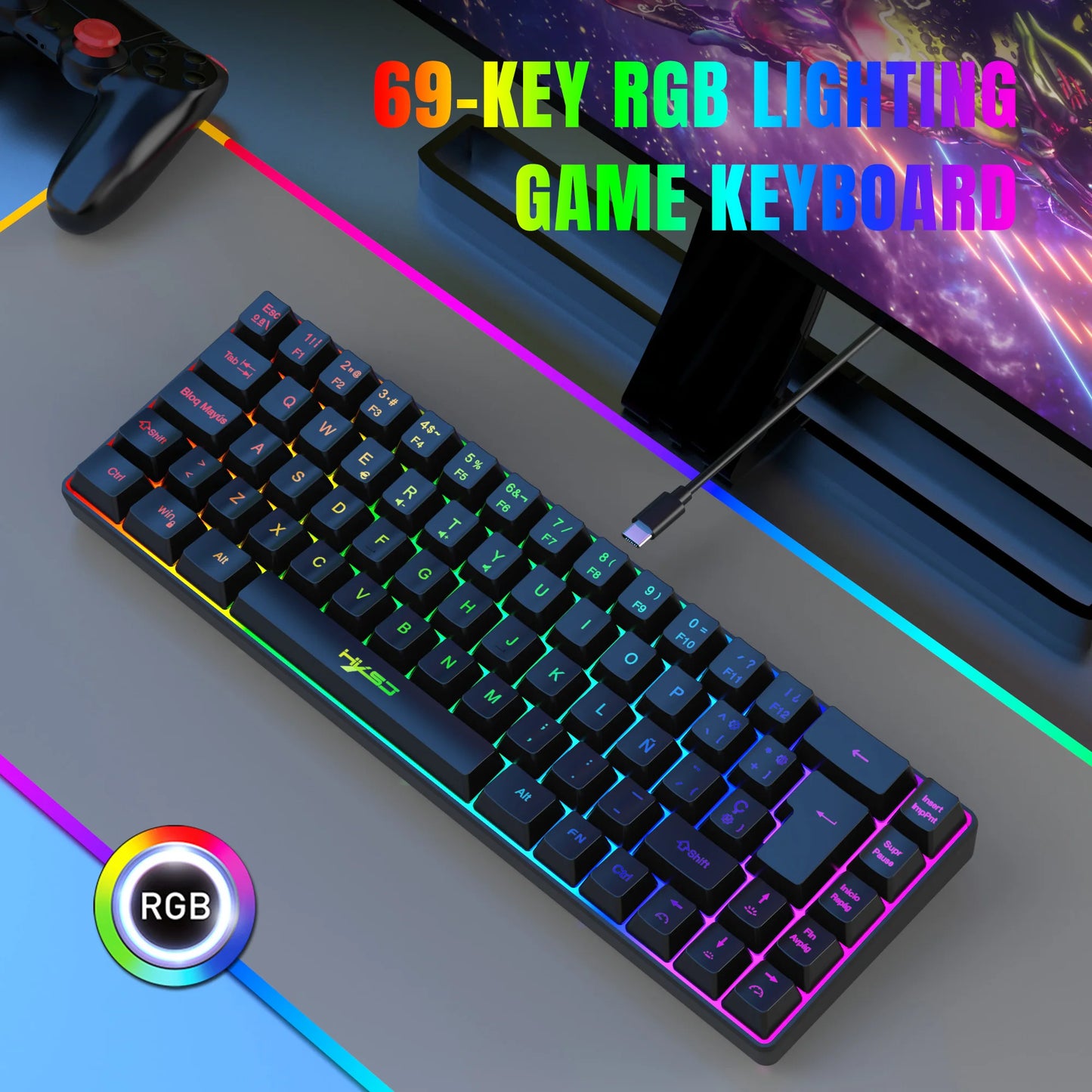 Hot Sale! 69-Key RGB Backlit Wired Gaming Keyboard, 68% Compact Design, A Must-Have Gadget for Office Workers and Gamers