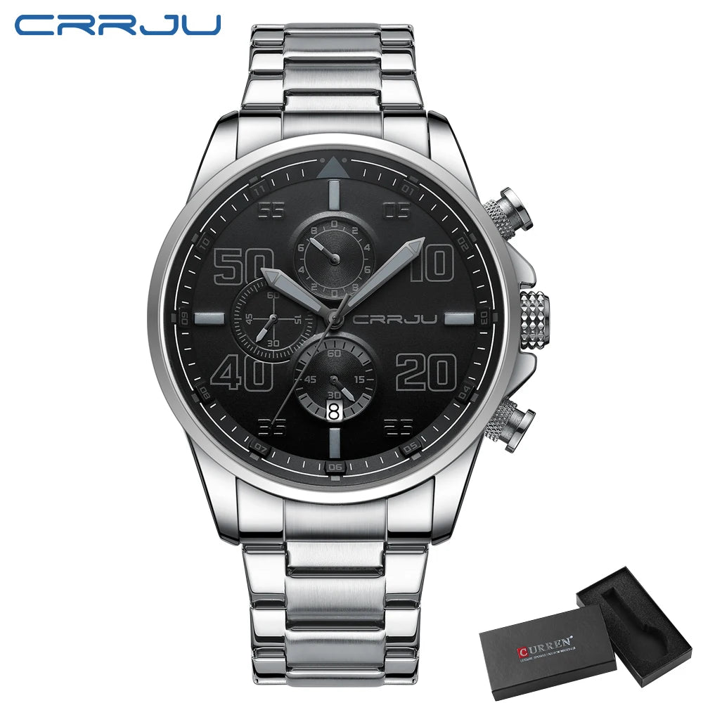 Orologio da uomo CRRJU – Cronografo di lusso, quadrante grande, acciaio inossidabile, impermeabile, con datario