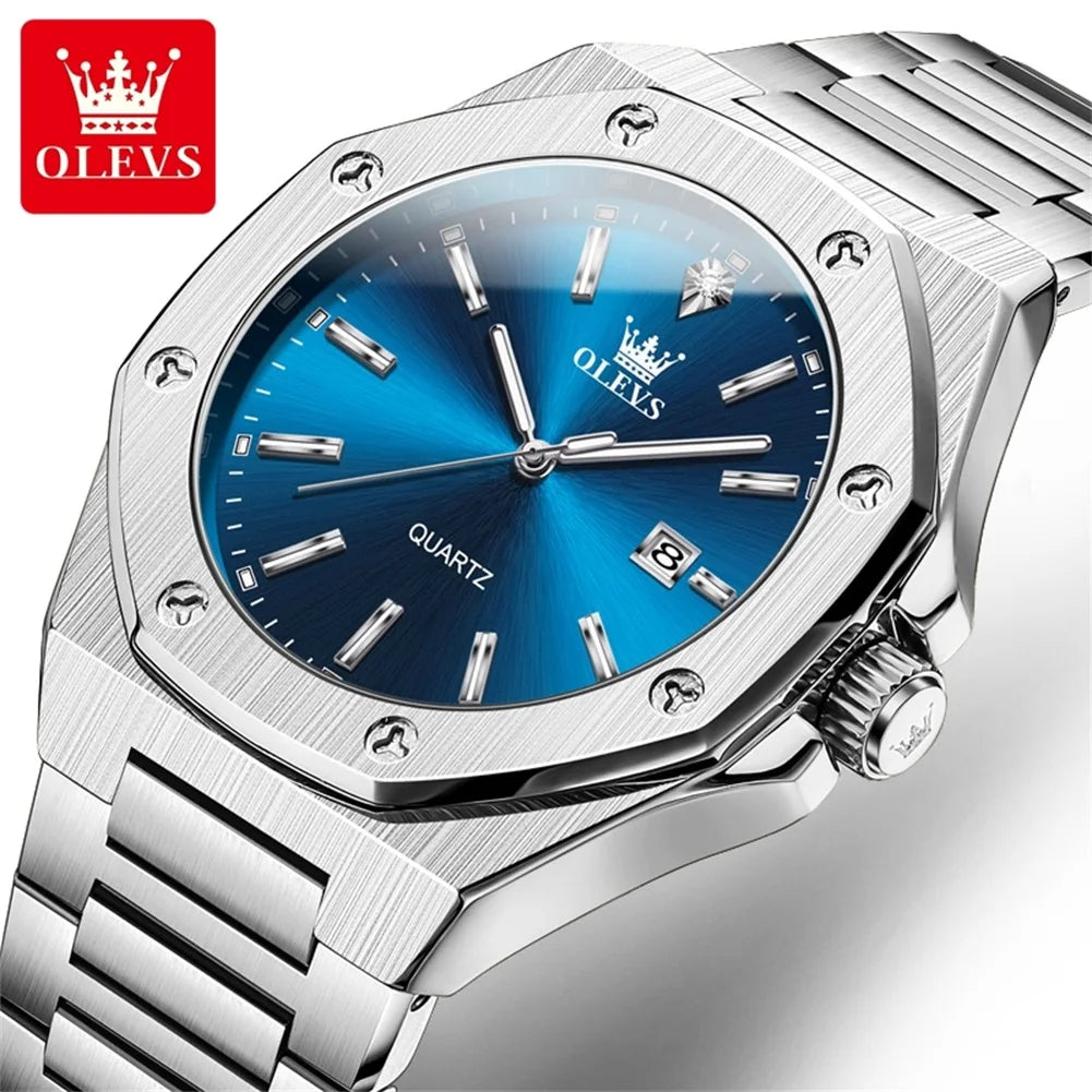 Montres OLEVS pour homme : montre de luxe classique à quartz, argentée et bleue, étanche, en acier inoxydable, luminescente, Reloj Hombre