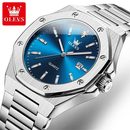 Montres OLEVS pour homme : montre de luxe classique à quartz, argentée et bleue, étanche, en acier inoxydable, luminescente, Reloj Hombre