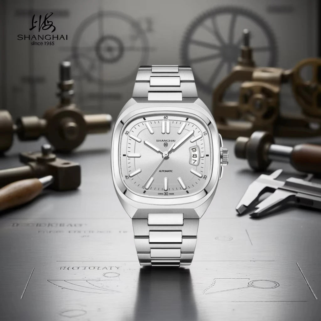 Montre pour homme Shanghai Watch, mécanique automatique, cadran carré, luminescente, étanche jusqu'à 50 m, affichage de la date, montre-bracelet décontractée SH018