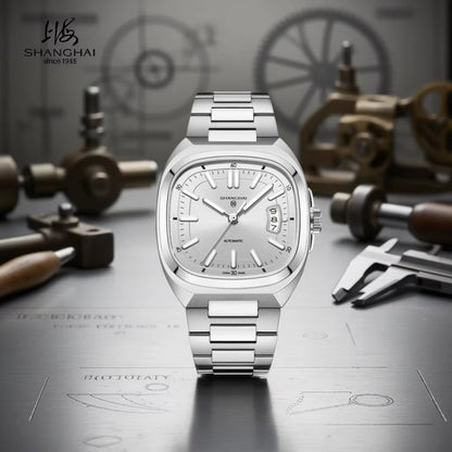 Montre pour homme Shanghai Watch, mécanique automatique, cadran carré, luminescente, étanche jusqu'à 50 m, affichage de la date, montre-bracelet décontractée SH018
