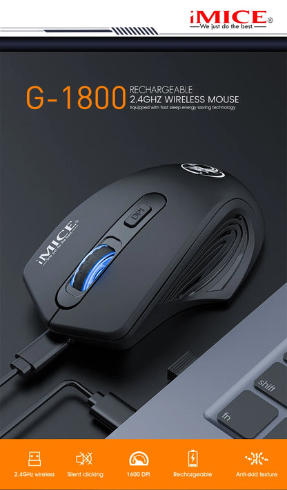 Silent Rechargeable 1600 DPI Adjustable 2.4GHz Wireless Connection Mouse Quiet Click For Office Use Compatible Wiht PC Laptop