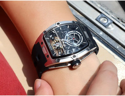 Reloj de pulsera MINI FOCUS para hombre, negro, a la moda, resistente al agua, mecánico automático, con manecillas luminosas, correa de silicona y esfera tonneau