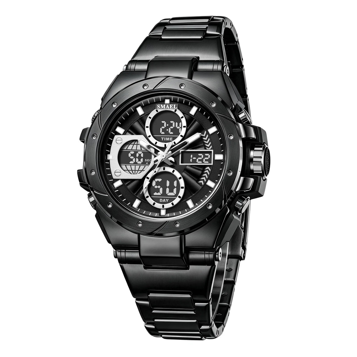 Herrenuhr SMAEL 8160 – Militär-Sportmodell, analog und digital, aus Edelstahl – Wasserdicht, mit LED-Anzeige, Wecker, Chronograph und Stoppuhr