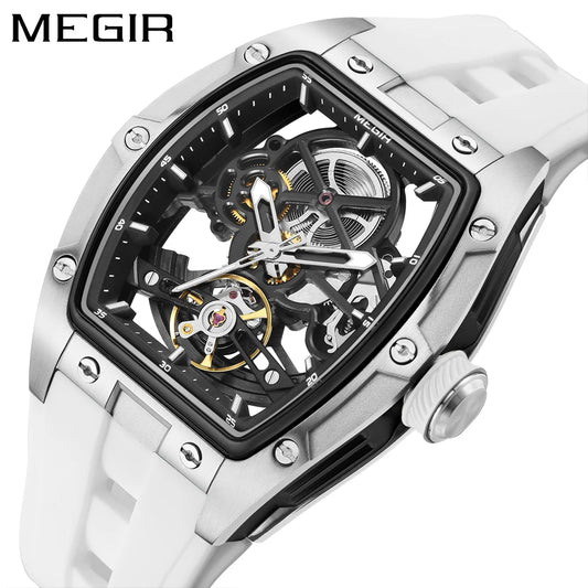 Orologio meccanico da uomo MEGIR, forma a botte, quadrante scheletrato traforato, stile sportivo, cinturino in silicone, orologio automatico di lusso