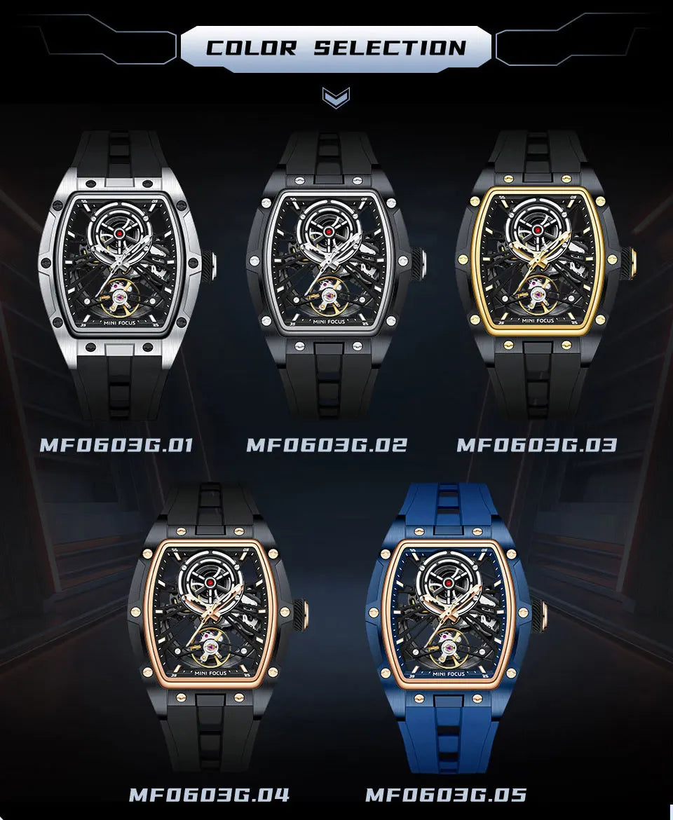 Reloj de pulsera MINI FOCUS para hombre, negro, a la moda, resistente al agua, mecánico automático, con manecillas luminosas, correa de silicona y esfera tonneau