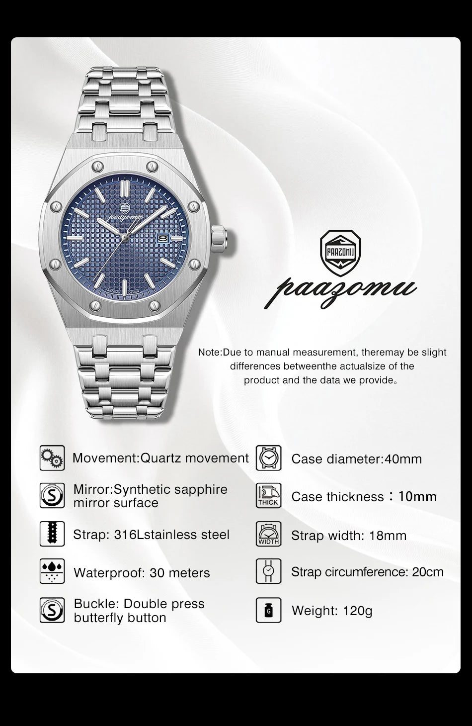 Montre à quartz carrée de luxe PAAZOMU pour homme, étanche, avec date luminescente, montre pour homme en acier inoxydable, montres d'affaires pour homme