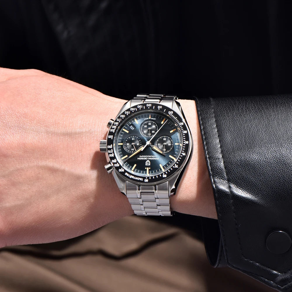 Orologio da uomo PAGANI DESIGN «New Moon» – Orologio al quarzo di lusso, cronografo, vetro zaffiro con trattamento antiriflesso, lunetta in ceramica, lancette luminescenti