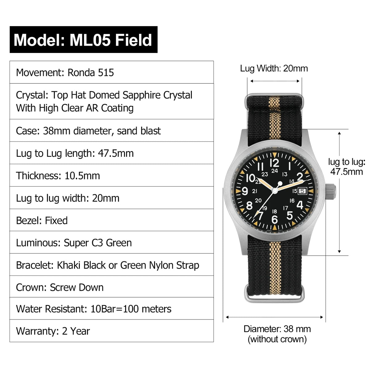 Militado ML05 38mm Military Field Watch VH31 Sweep Quartz Movement Domed Sapphire Crystal Waterproof 100M Super Luminous Watches