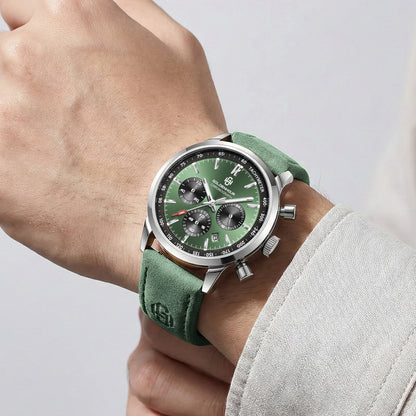 Orologio di lusso da uomo GOLDENHOUR – Cronografo al quarzo, quadrante verde, cinturino in pelle, impermeabile, luminescente, stile militare e sportivo