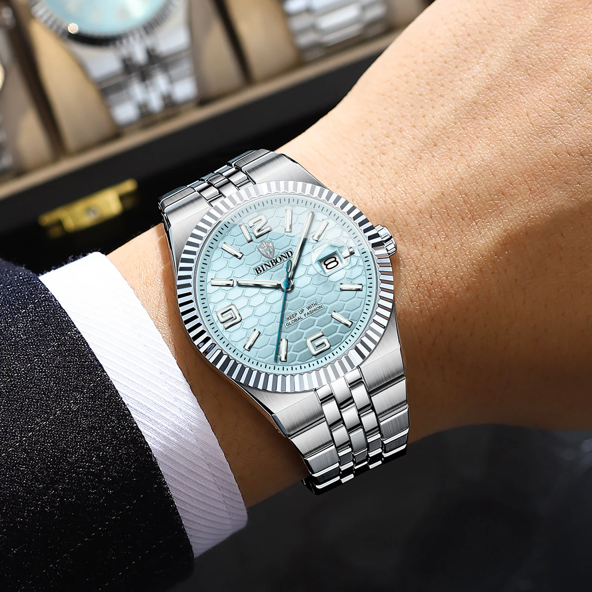 Luxus-Quarz-Armbanduhr von BINBOND, beleuchtet, wasserdicht, mit automatischem Datumsanzeige, für Herren, aus Edelstahl, im Business-, Sport-, Mode- und Freizeit-Stil.