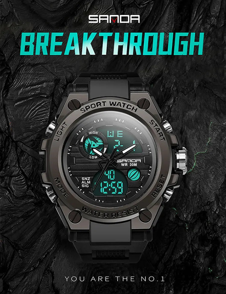 SANDA Montres de luxe haut de gamme pour homme, montre militaire, montre-bracelet sportive étanche, montre à double affichage, Relogio Masculino