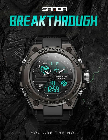 SANDA Montres de luxe haut de gamme pour homme, montre militaire, montre-bracelet sportive étanche, montre à double affichage, Relogio Masculino