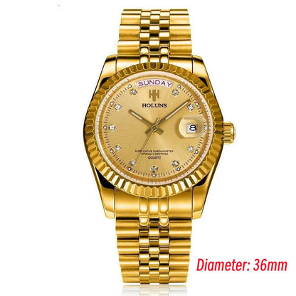 Relojes de hombre Holuns Luxury Classic de 36/41 mm en oro, con movimiento de cuarzo MIYOTA de Japón, de acero inoxidable, reloj de pulsera clásico de negocios, resistente al agua