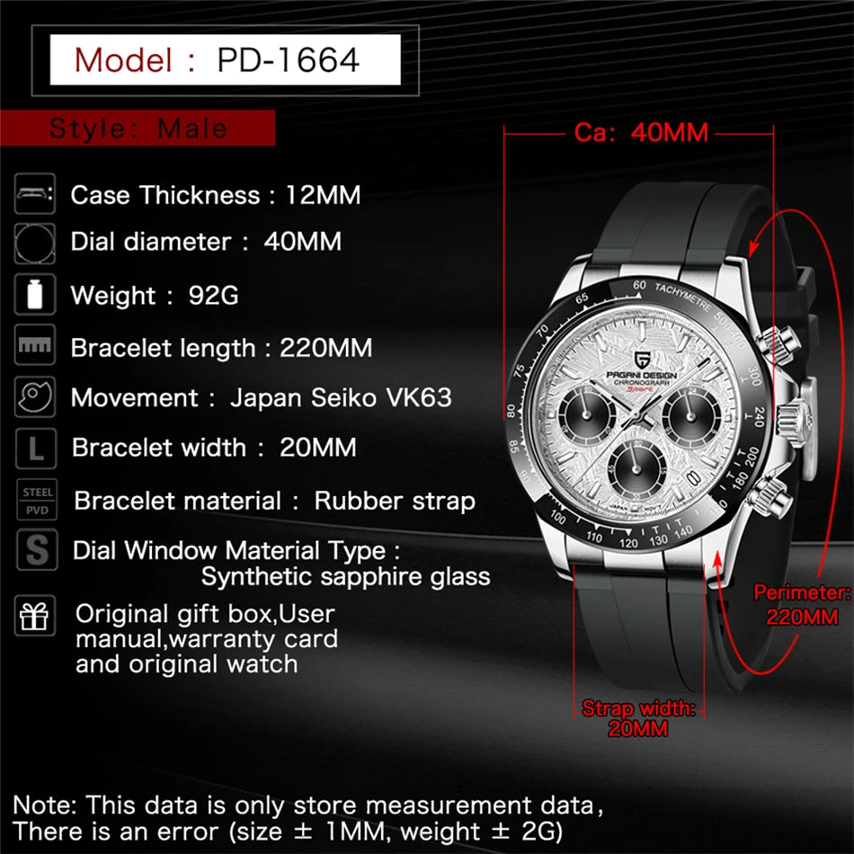 PAGANI DESIGN V2 40MM Reloj de cuarzo para hombre con esfera de meteorito, cristal de zafiro, cronógrafo retro y resistente al agua