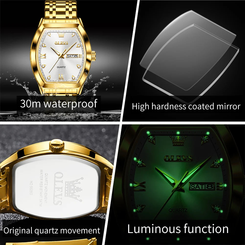 OLEVS Nouvelles montres pour homme Montres à quartz de luxe en or Montres classiques à cadran tonneau Montres à quartz étanches et luminescentes pour homme 5528