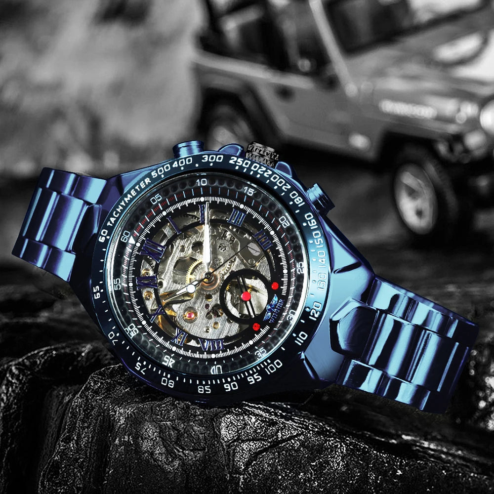Automatikuhr für Herren WINNER – Transparentes Skelettmodell, leuchtende Zeiger, Edelstahlarmband, mechanische Uhr einer Luxusmarke