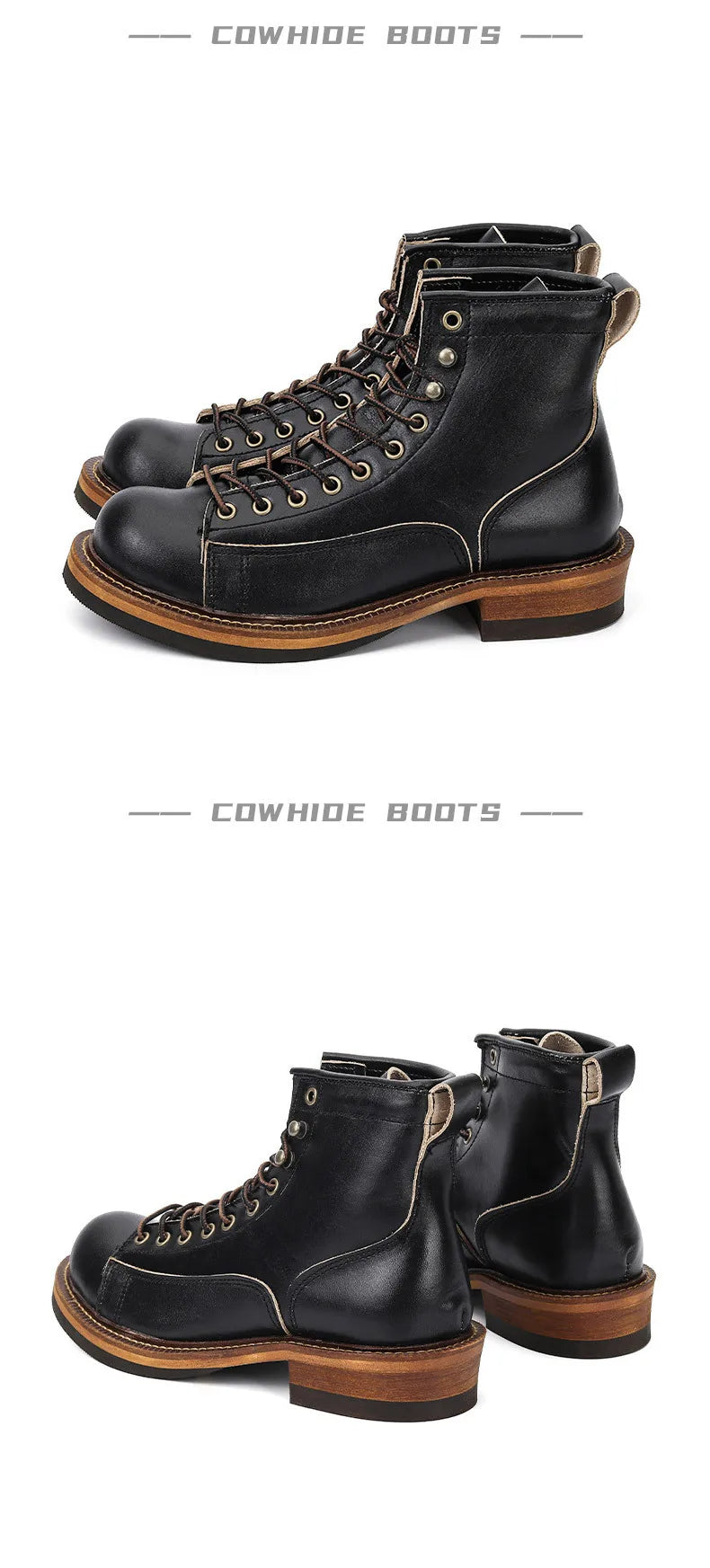 KOWM Cowhide Hiking Shoes Men's Walking Boot British Trekking Shoes Thick-Soled Cowhide High-Top Motorcycle Boots Ankle Sneakers