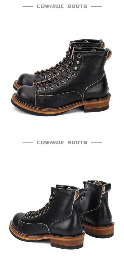 KOWM Cowhide Hiking Shoes Men's Walking Boot British Trekking Shoes Thick-Soled Cowhide High-Top Motorcycle Boots Ankle Sneakers