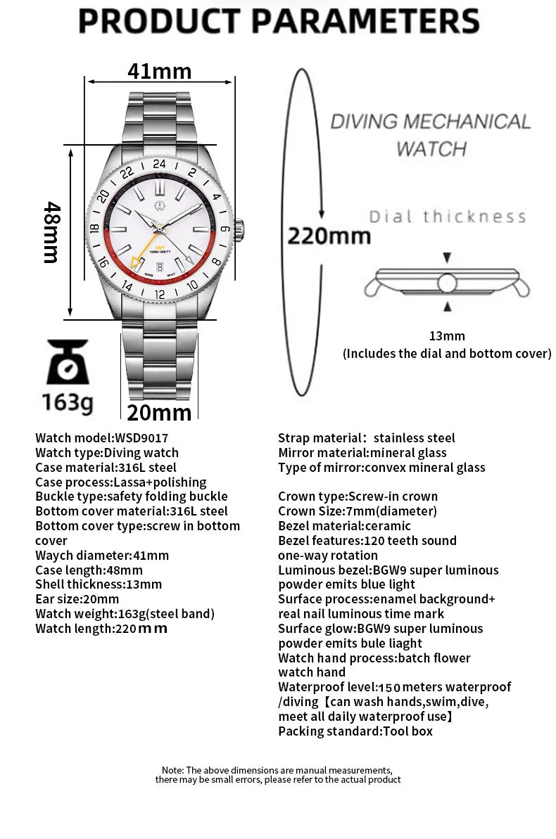 Comes With Rubber Strap Man's Automatic Watch Quartz Swiss Movement BGW9 Luminous Bezel 4-Pin GMT 150 Meters Waterproof Diving