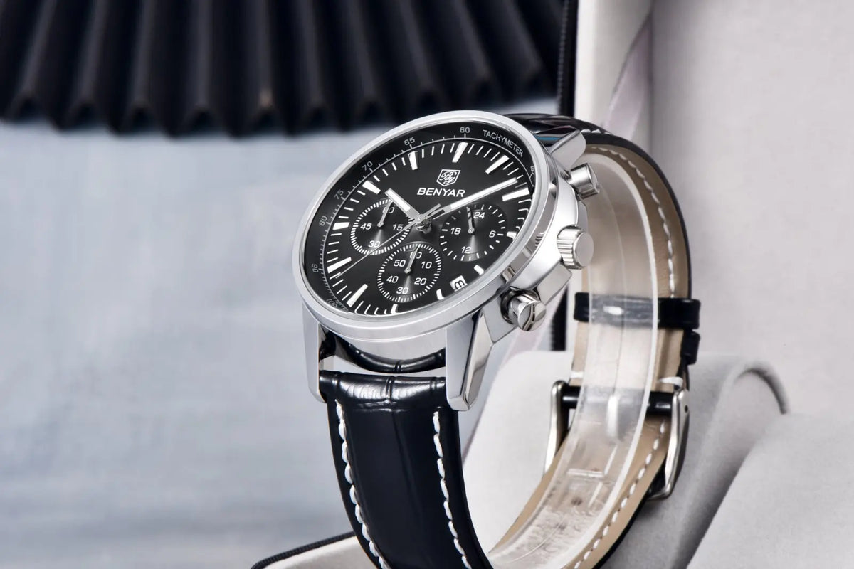 Orologio di lusso da uomo Benyar – Cronografo con datario, cinturino in pelle, impermeabile, luminescente, stile sportivo e militare, orologio al quarzo