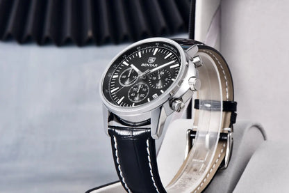 Orologio di lusso da uomo Benyar – Cronografo con datario, cinturino in pelle, impermeabile, luminescente, stile sportivo e militare, orologio al quarzo