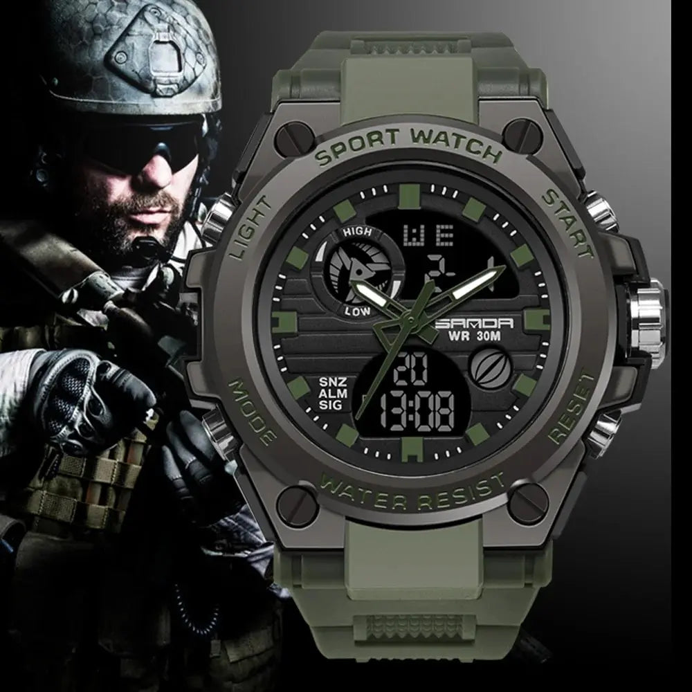 SANDA Montres de luxe haut de gamme pour homme, montre militaire, montre-bracelet sportive étanche, montre à double affichage, Relogio Masculino