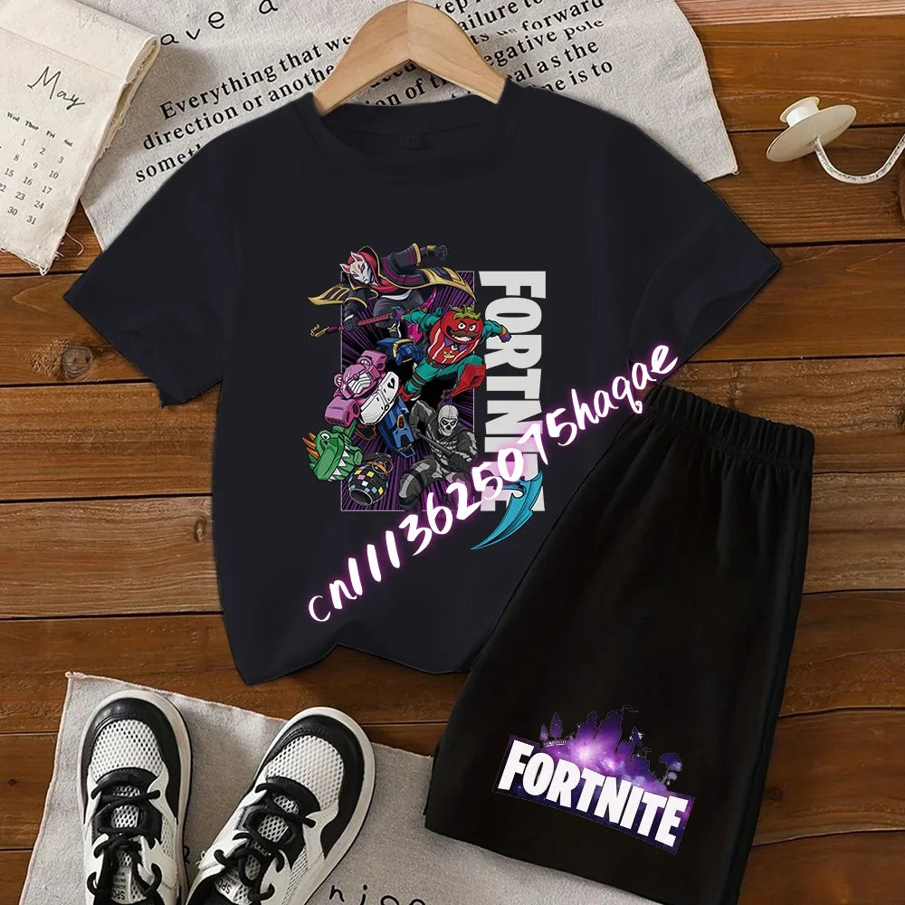 Sommer-Fortnite-T-Shirt und Shorts für Jungen und Mädchen, 2-teiliges Kinder-Set mit Oberteil und Hose, Fortress-Night-Print, Geschenk