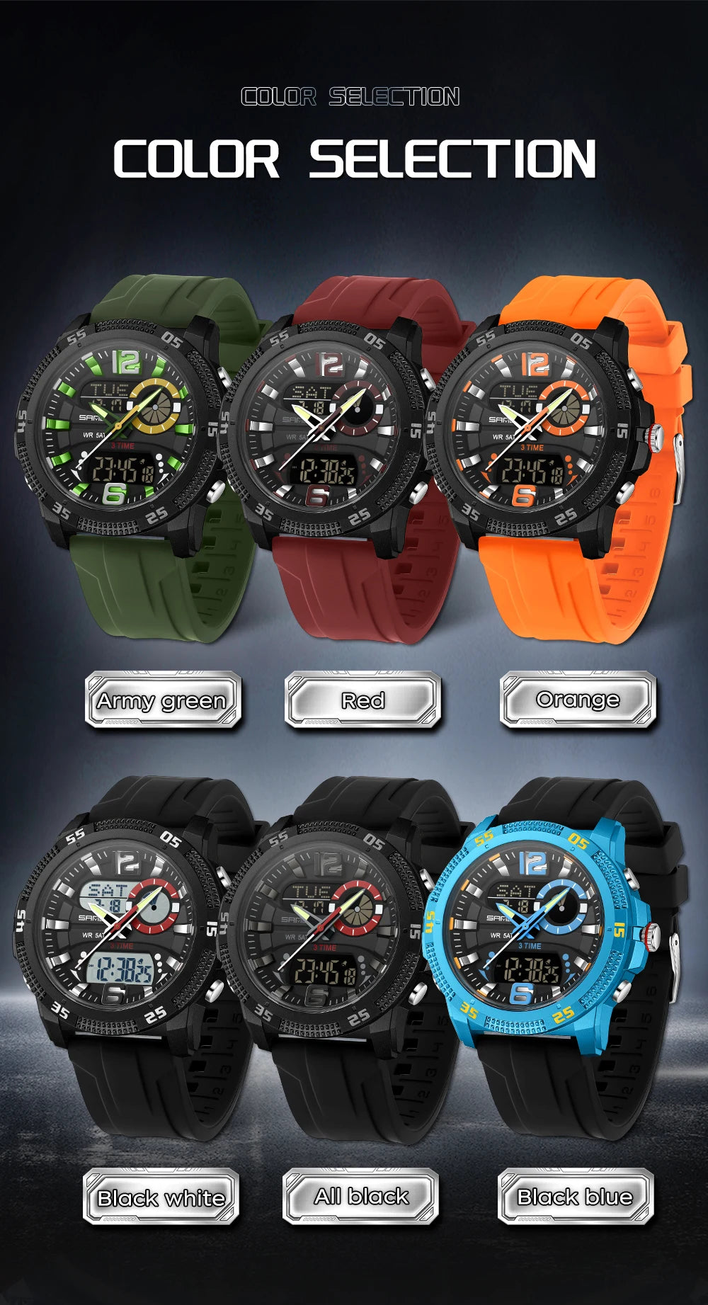 Montres de luxe pour homme SANDA Fashion : montre-bracelet à quartz analogique et numérique, style sportif, décontractée, étanche, avec chronographe en silice