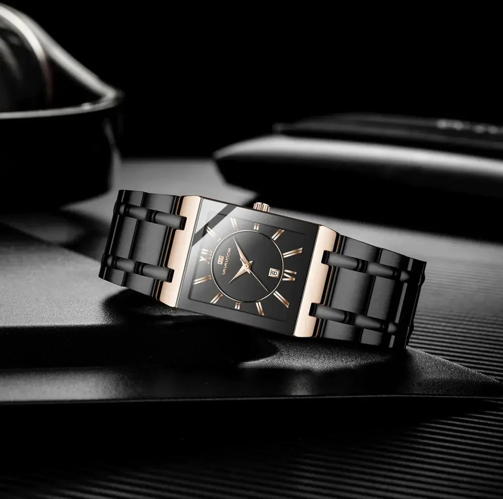 Herenzakelijk horloge, eenvoudig ontwerp, luxe mode, rechthoekig, zwart-goud, roestvrij staal, kalender, waterdicht, quartz, herenhorloges