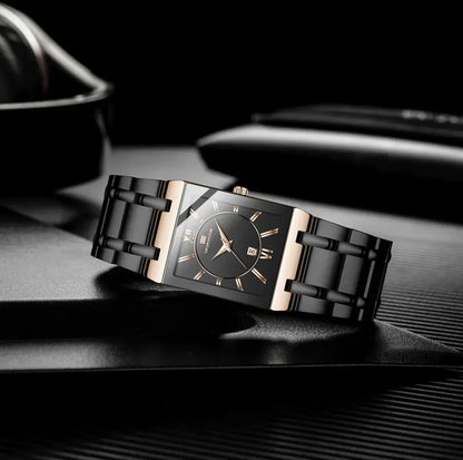 Herenzakelijk horloge, eenvoudig ontwerp, luxe mode, rechthoekig, zwart-goud, roestvrij staal, kalender, waterdicht, quartz, herenhorloges