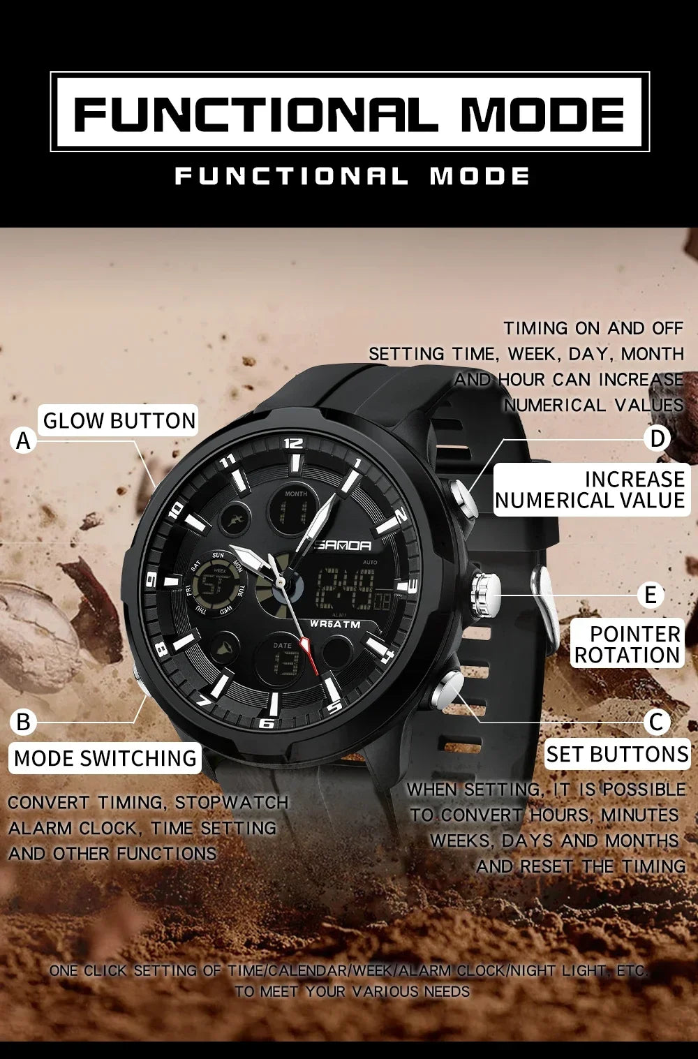 SANDA 9053 G Montres de sport militaires pour homme Montre numérique de luxe Montre-bracelet à quartz étanche jusqu’à 50 m pour homme Relogios Masculino