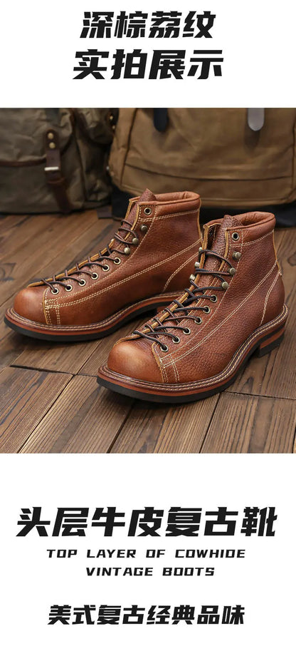 KOWM Cowhide Hiking Shoes Men's Walking Boot British Trekking Shoes Thick-Soled Cowhide High-Top Motorcycle Boots Ankle Sneakers