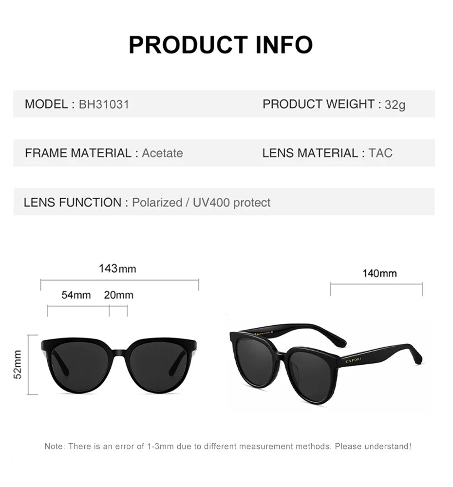 Óculos de sol de design da marca CAPONI para mulher, estilo retro, para raparigas, estilo coreano, polarizados, com proteção UV, modelo BH31031