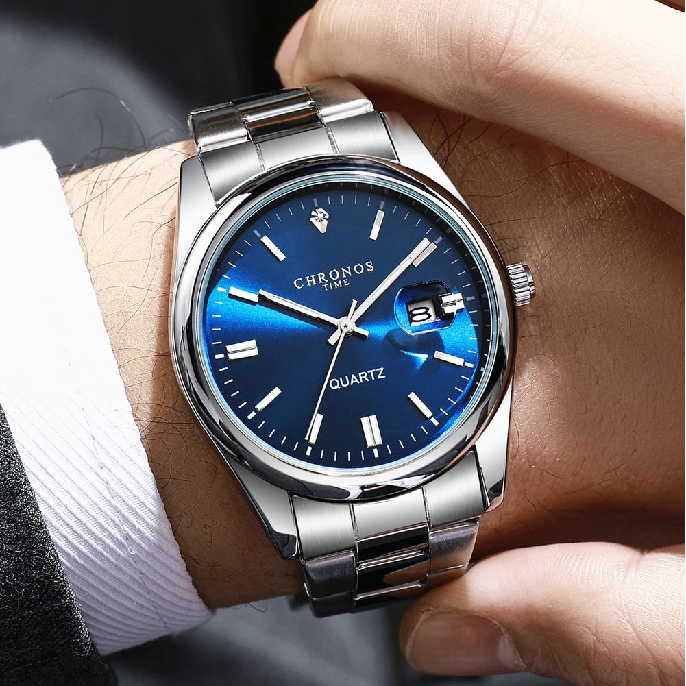 Relógio de pulso para homem CHRONOS – Marca de luxo, estanque, luminoso, com indicador de data, em aço inoxidável, com movimento de quartzo.