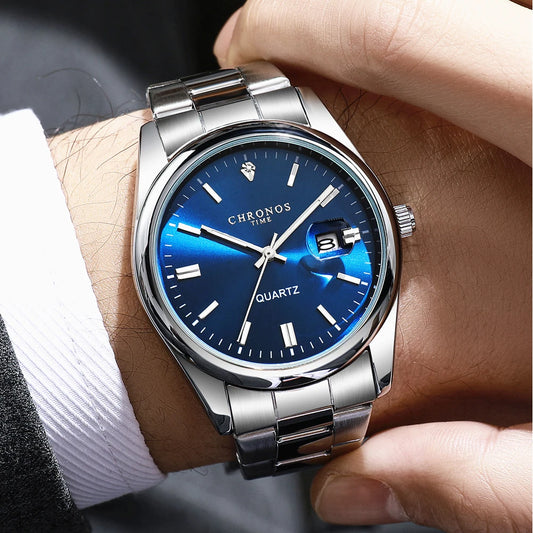 Herrenarmbanduhr CHRONOS – Luxusmarke, wasserdicht, beleuchtet, mit Datumsanzeige, aus Edelstahl, mit Quarzwerk.