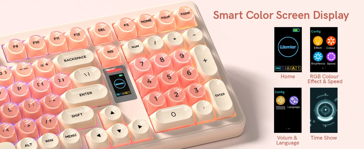 Womier Foundation WK98 Mechanical Keyboard With Display Pink Creamy 3 Mode Ergonomic Gasket Hot Swappable Gaming Keyboard