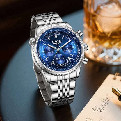 LIGE Luxusuhr für Herren – Chronograph mit Datumsanzeige, aus Edelstahl, wasserdicht, leuchtend, im sportlichen und militärischen Stil, Quarzuhr für Herren