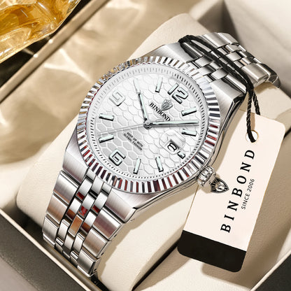 Luxus-Quarz-Armbanduhr von BINBOND, beleuchtet, wasserdicht, mit automatischem Datumsanzeige, für Herren, aus Edelstahl, im Business-, Sport-, Mode- und Freizeit-Stil.