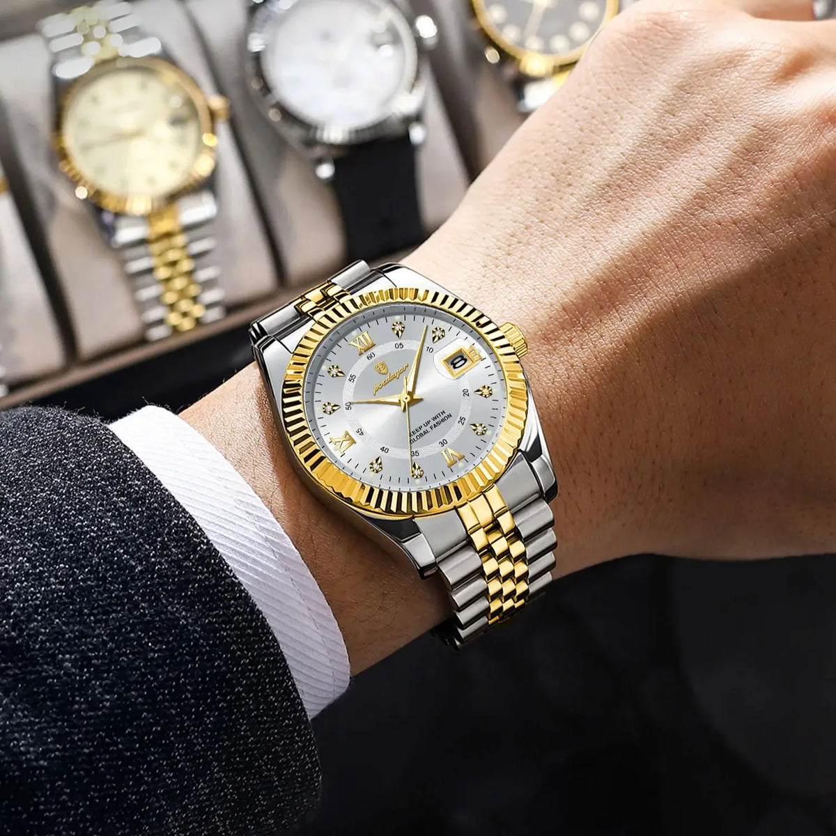 Orologio da uomo classico e lussuoso al quarzo POEDAGAR – Cassa in acciaio inossidabile, datario, impermeabile, lancette luminescenti – Elegante orologio da polso per il lavoro o le occasioni formali