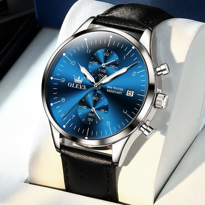 Orologio da uomo OLEVS 2880 – Cronografo elegante e dalle linee essenziali, cinturino in pelle, datario automatico, impermeabile, lancette luminescenti, movimento al quarzo.