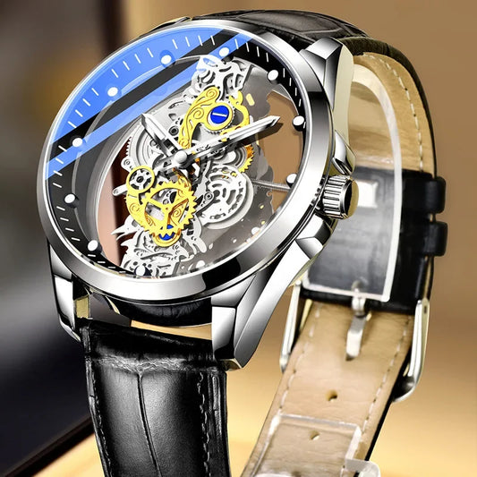 Trendige Herrenuhr, Modell mit doppelter Öffnung, luxuriöser goldfarbener Stil, mechanische Tourbillon-Imitation, Quarzwerk.